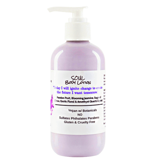 Soul Body Lotion bottle featuring Passionfruit, Jasmine, Sugared Citrus, and Amethyst Quartz for wellness and self-change.