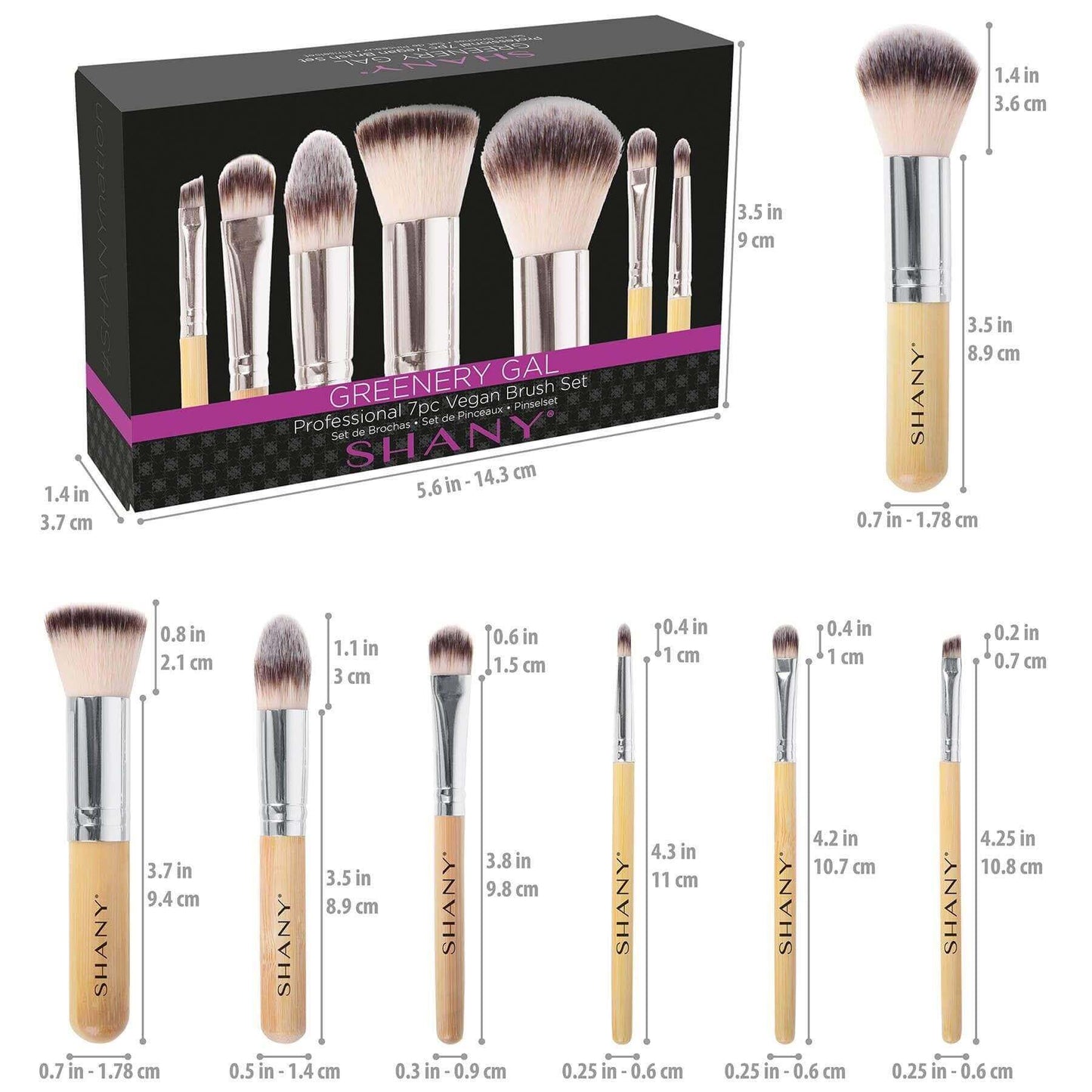 SHANY Greenery Gal 7pc vegan brush set with measurement details and bamboo handles in a stylish box.