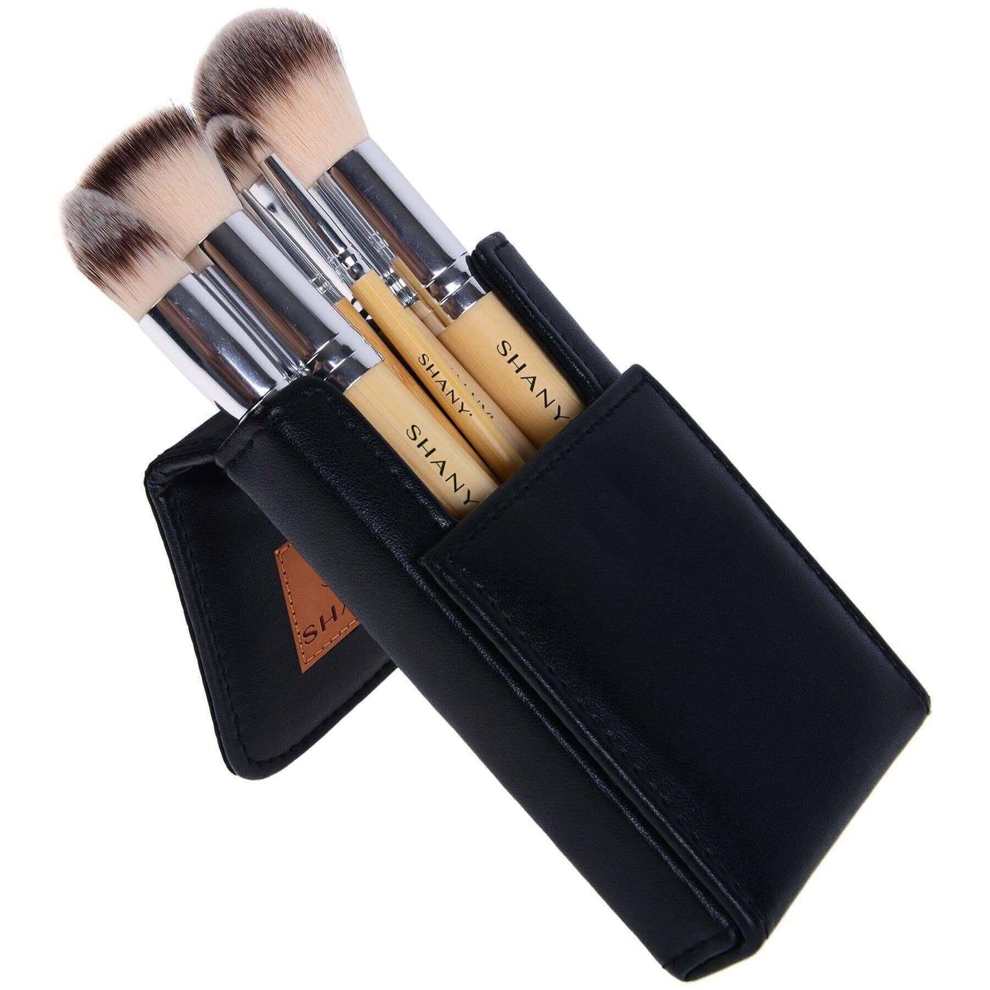 SHANY 7pc Petite Pro Bamboo brush set in a black carrying case, featuring natural bamboo handles and fine microfiber hair.