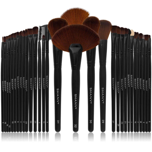 Professional brush set with 32 synthetic bristle brushes in a faux leather pouch for mineral makeup application.