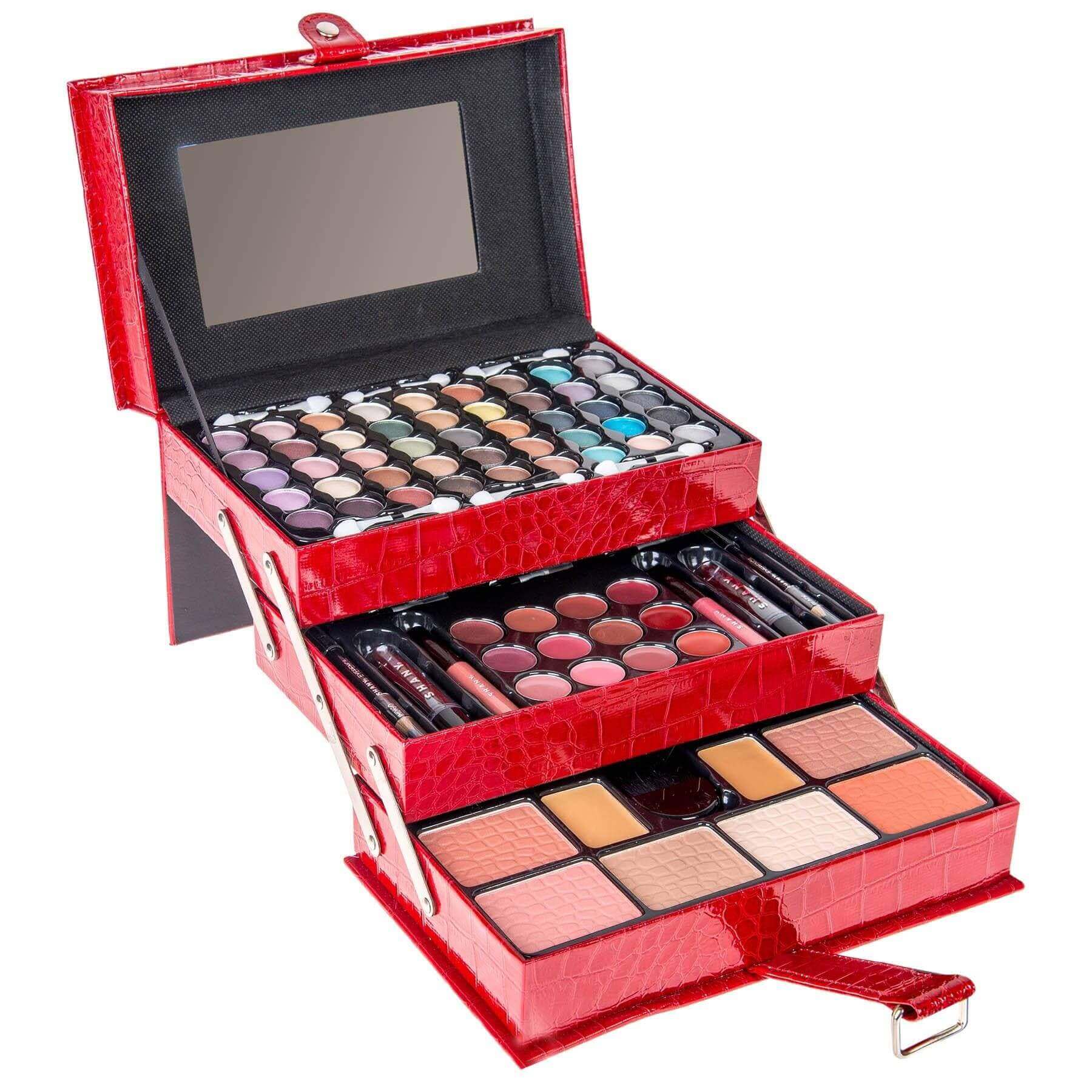 All In One Makeup Kit with 45 shades, lip gloss, and lipsticks in a red case, perfect for holiday gifting.