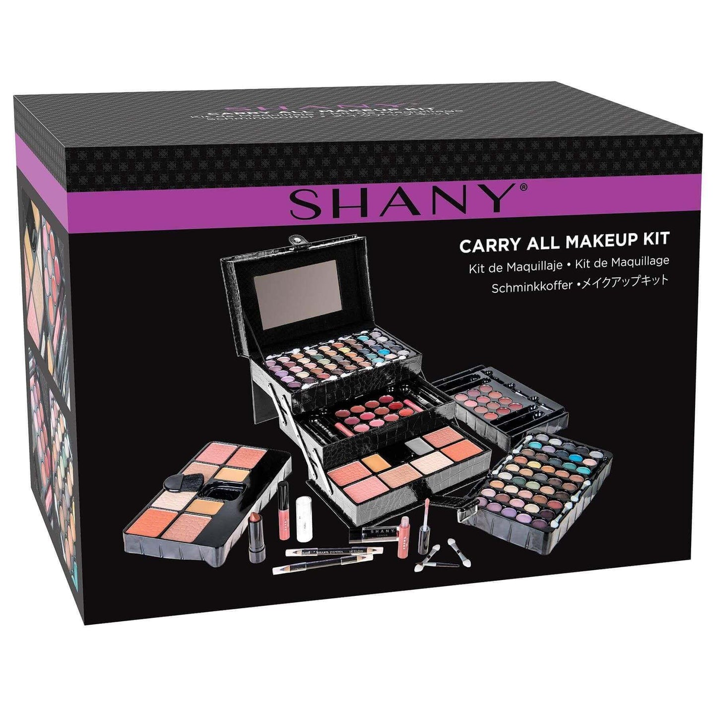 All In One Makeup Kit featuring vibrant shades, lip glosses, and accessories in a compact design for holiday beauty lovers.