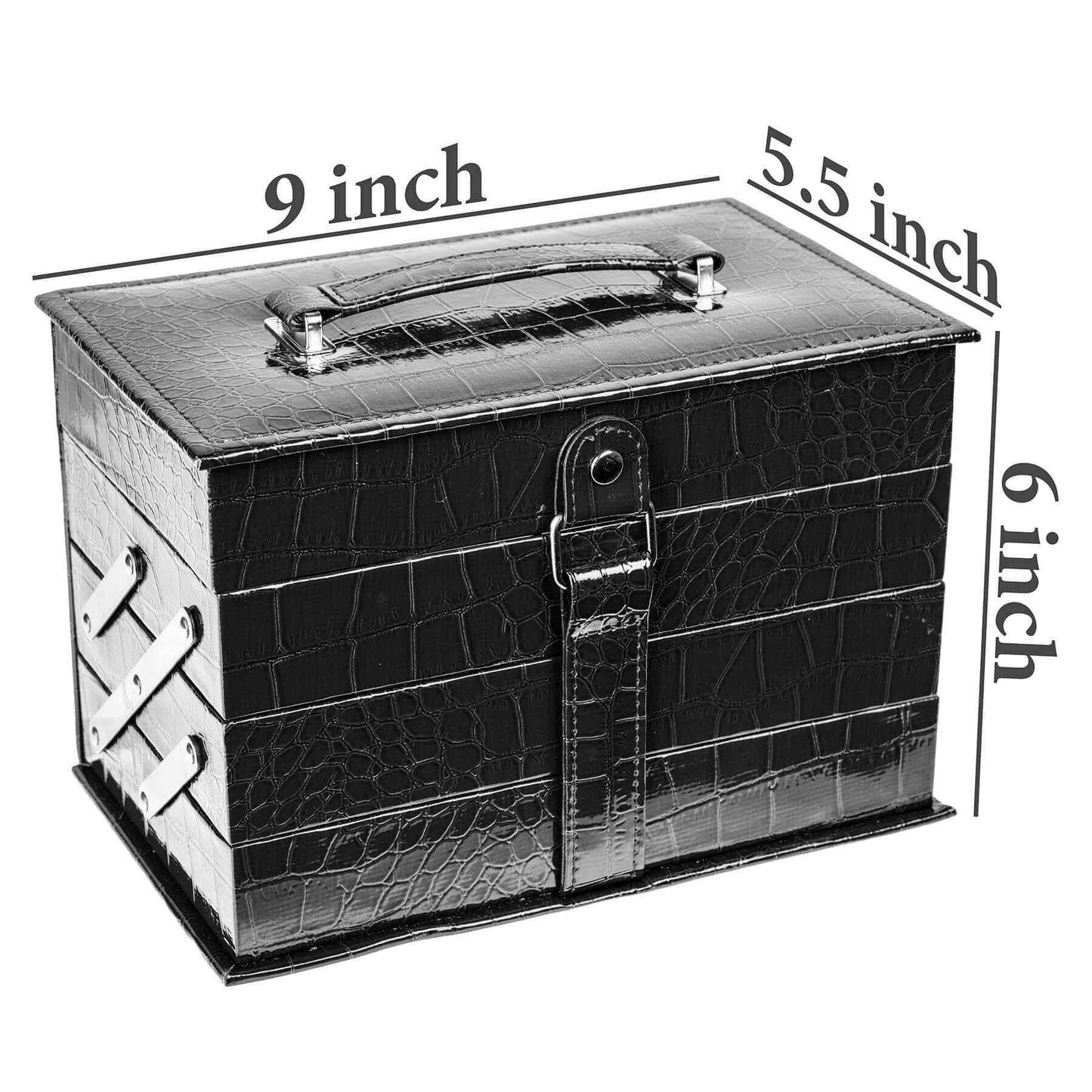 Black makeup storage case measuring 9x5.5x6 inches, perfect for organizing all-in-one makeup kits.