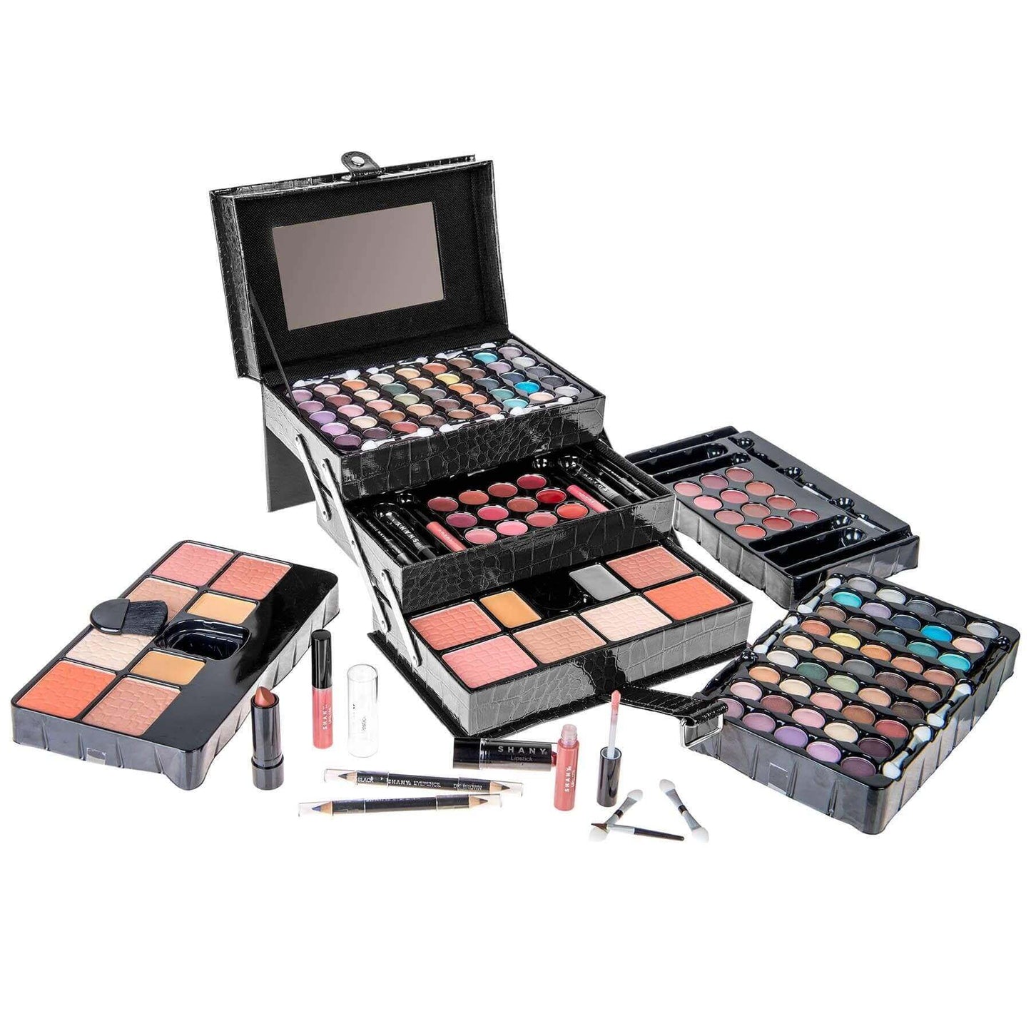 All In One Makeup Kit featuring layered palettes, 45 eyeshadow shades, lip glosses, lipsticks, and eyeliners in a stylish case.