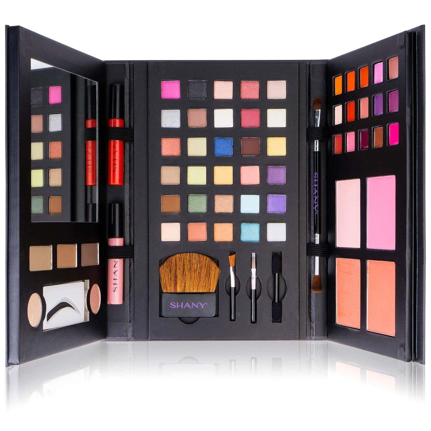 SHANY Luxe Book Makeup Set with vibrant eyeshadows, blushes, brow powders, and tools for versatile looks.