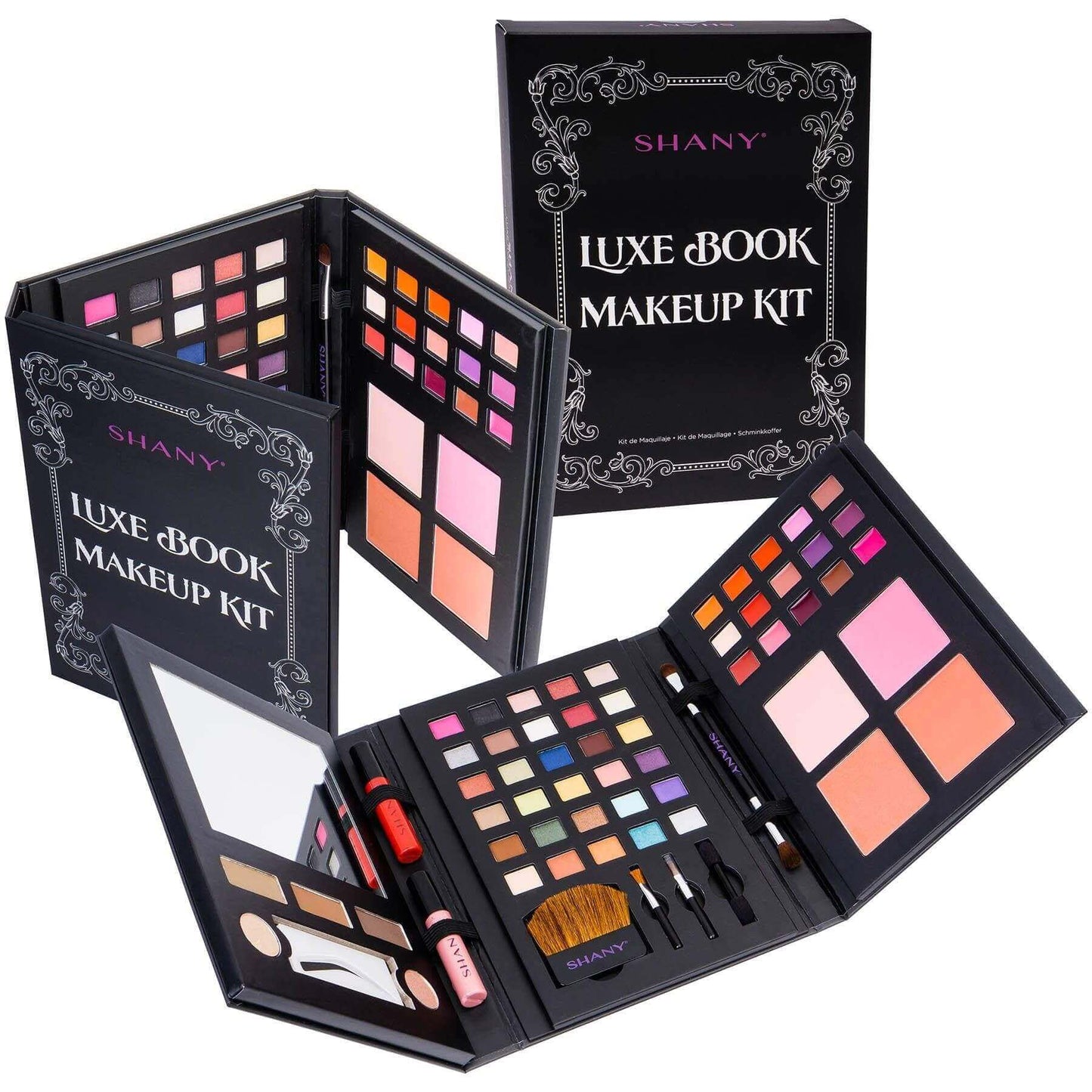 SHANY Luxe Book Makeup Kit showcasing a stylish travel cosmetics palette with diverse shades and tools for versatile beauty looks.