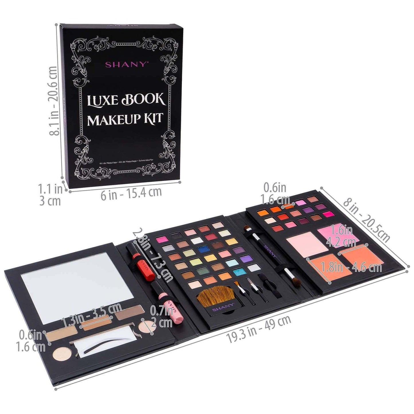 SHANY Luxe Book Makeup Set open, showcasing eyeshadows, lip colors, and tools for versatile makeup looks.