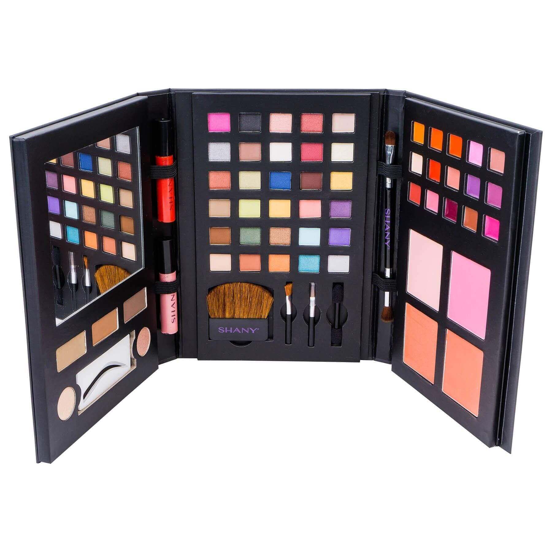 SHANY Luxe Book Makeup Set open, showcasing colorful eyeshadows, blushes, brow powders, and professional brushes.