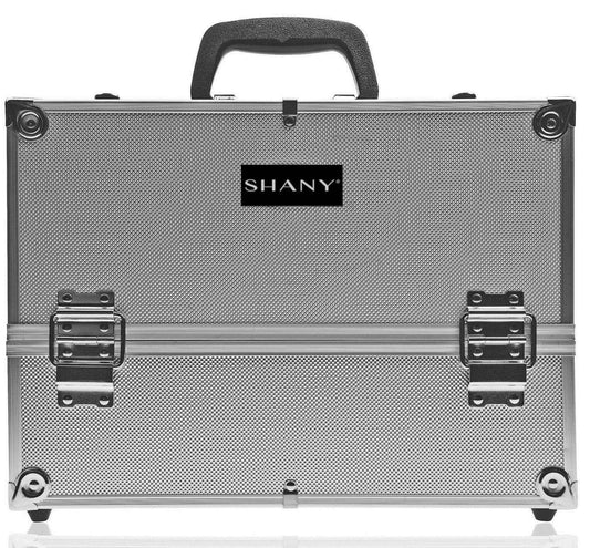 SHANY Essential Pro Makeup Train Case, durable aluminum with shoulder strap and locks, ideal for storing makeup tools.