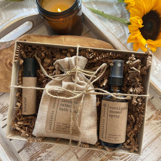 Best Sellers Gift Set with Eucalyptus Shower Spray and Oatmeal Bath Spray, beautifully packaged and ready to gift.