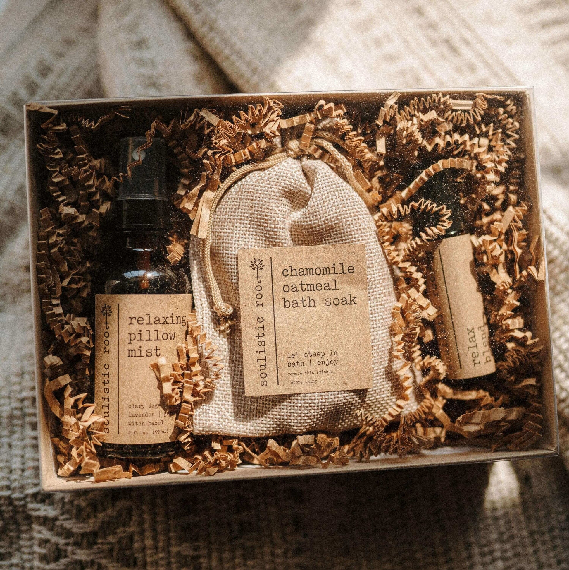 Relax Gift Set featuring pillow mist and chamomile oatmeal soak for ultimate relaxation.