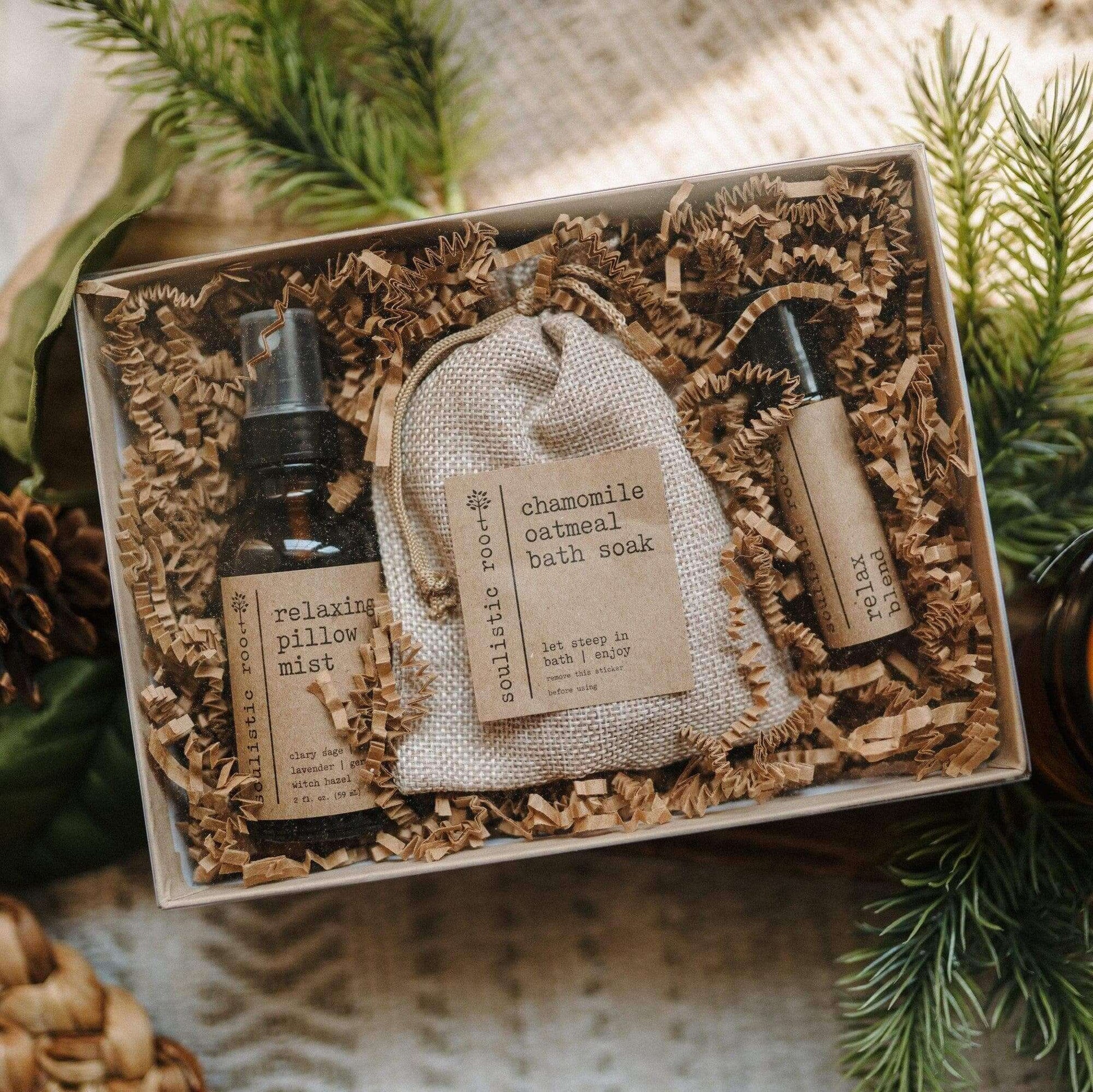 Relax Gift Set featuring relaxing pillow mist and chamomile oatmeal bath soak in a decorative box.