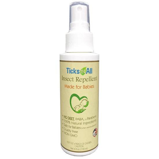 All Natural Insect Repellent for Babies in a 4oz spray bottle, safe and effective against various pests.