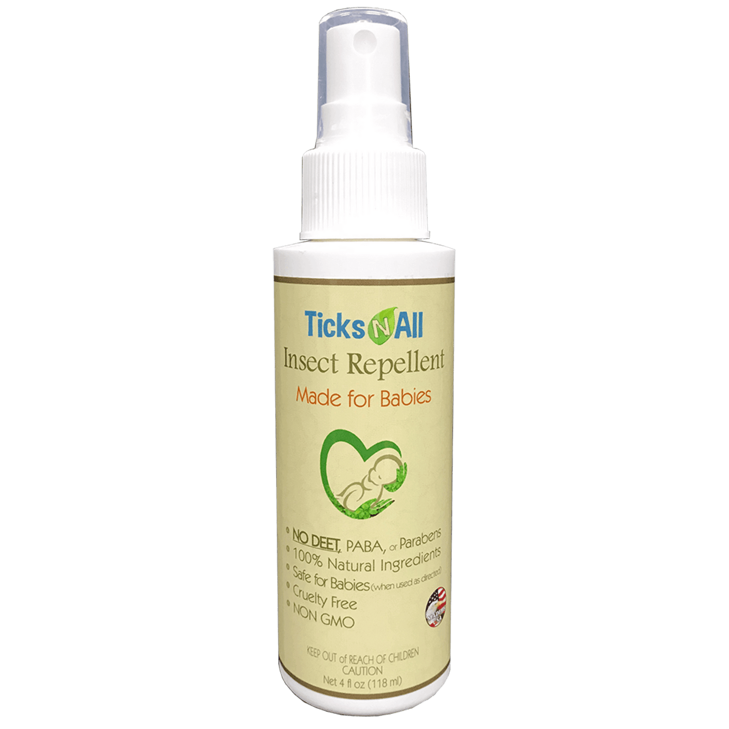 All Natural Insect Repellent for Babies in a 4oz spray bottle, safe and effective against various pests.