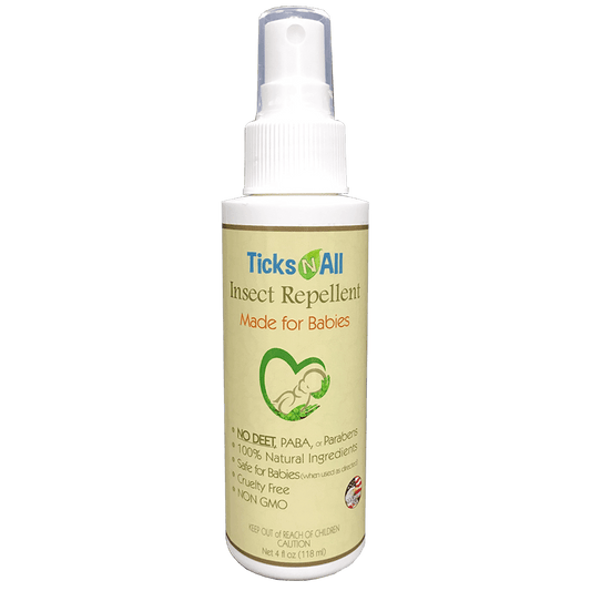 All Natural Insect Repellent for Babies in a 4oz spray bottle, safe and effective against various pests.