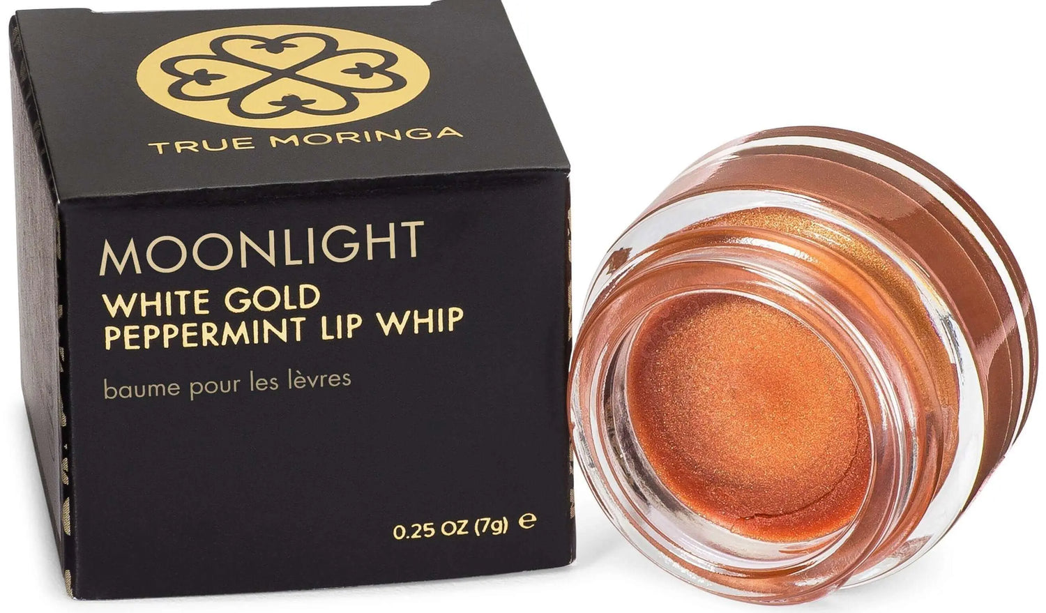 MOONLIGHT White Gold Peppermint Lip Whip in jar with black packaging for glamorous, clean beauty.
