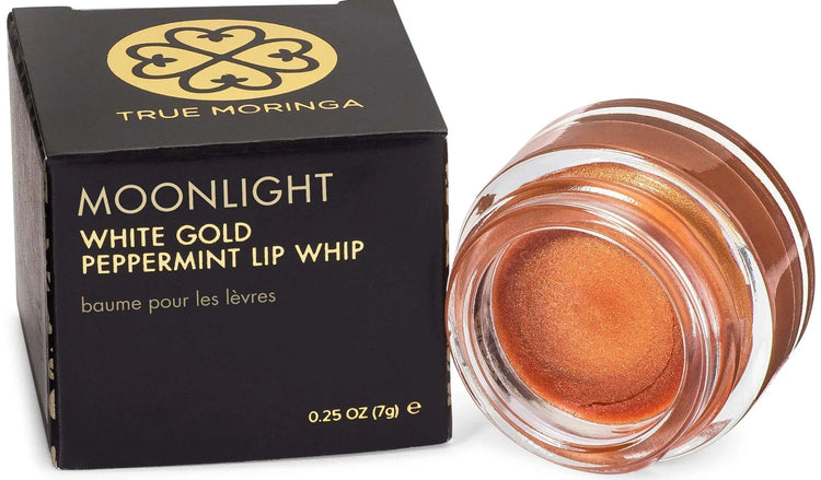 MOONLIGHT White Gold Peppermint Lip Whip in jar with black packaging for glamorous, clean beauty.