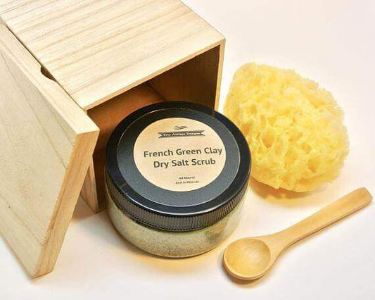 Men's skincare gift set featuring French green clay dry salt scrub in wooden box with sponge and scoop.