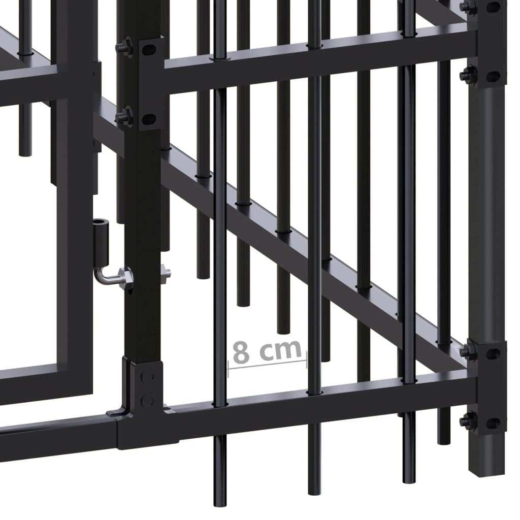 Close-up of vidaXL dog kennel steel frame showing 8 cm spacing between bars for ventilation and safety.