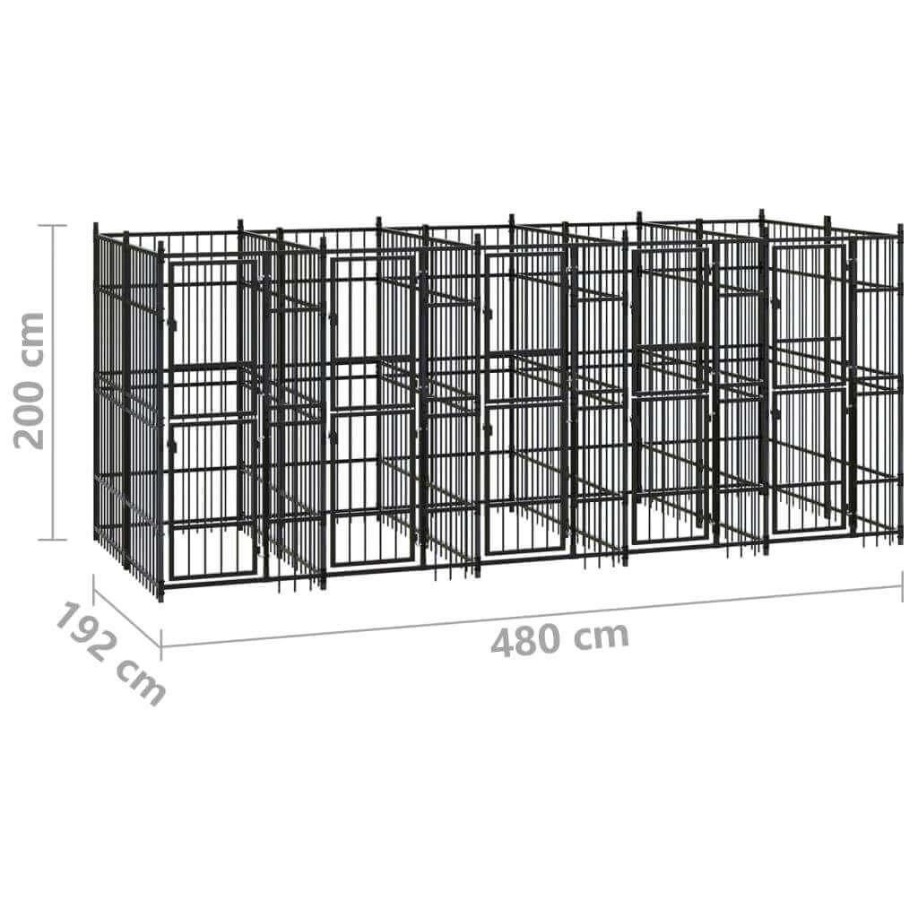 vidaXL outdoor dog kennel with steel bars, dimensions 480 cm x 192 cm x 200 cm, ideal for play and exercise.