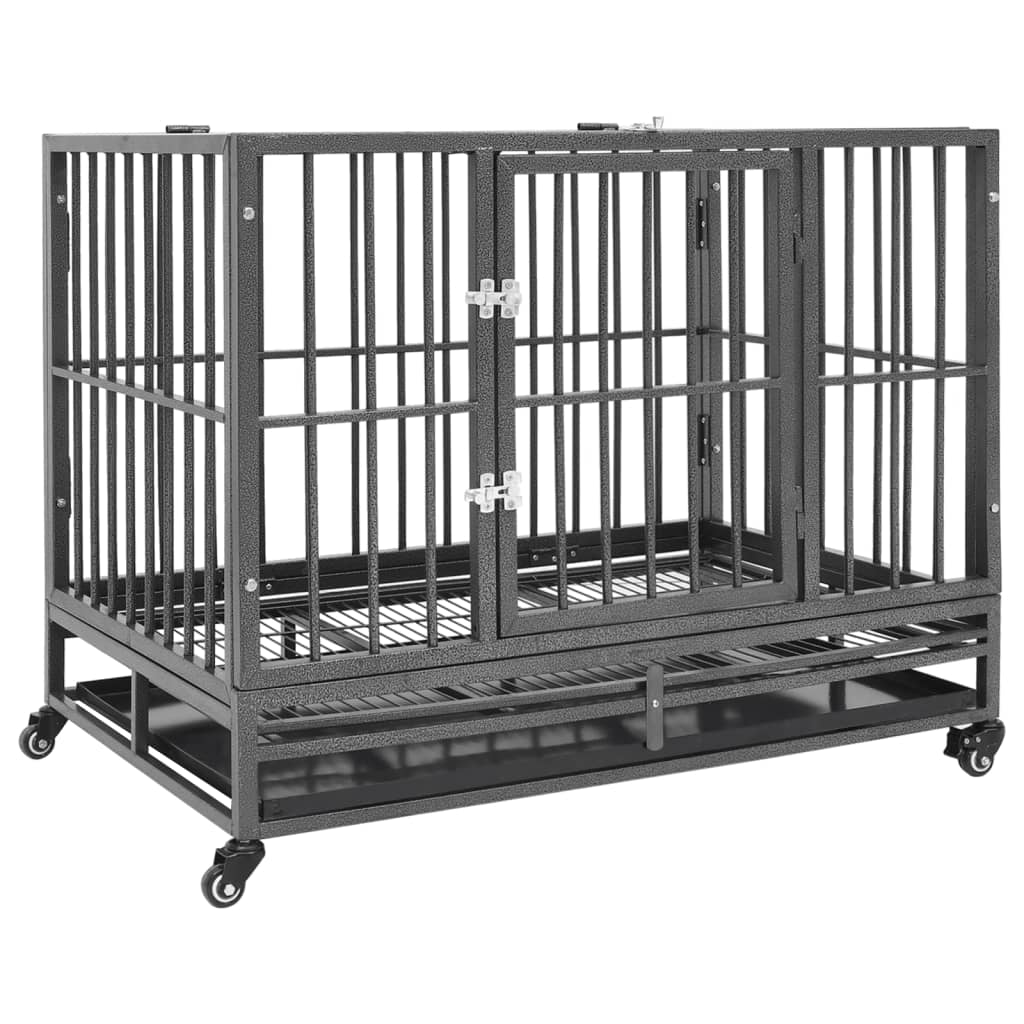 vidaXL dog cage with wheels, sturdy steel kennel, secure door, and detachable tray for easy cleaning.