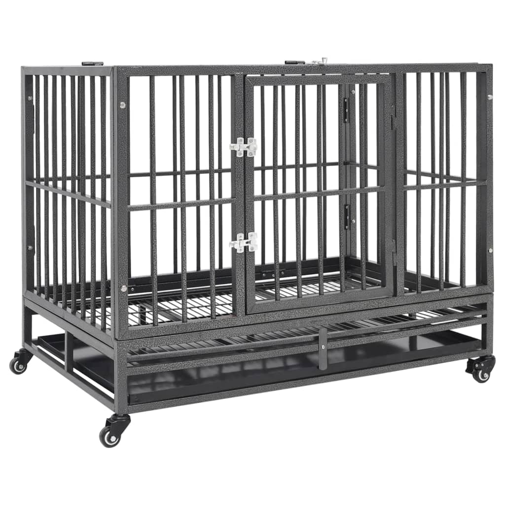 vidaXL steel dog cage with wheels, secure door, and detachable tray for easy cleaning.