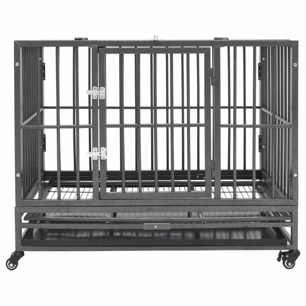 vidaXL dog cage with wheels, steel kennel, double door, lockable wheels, detachable tray for easy cleaning.