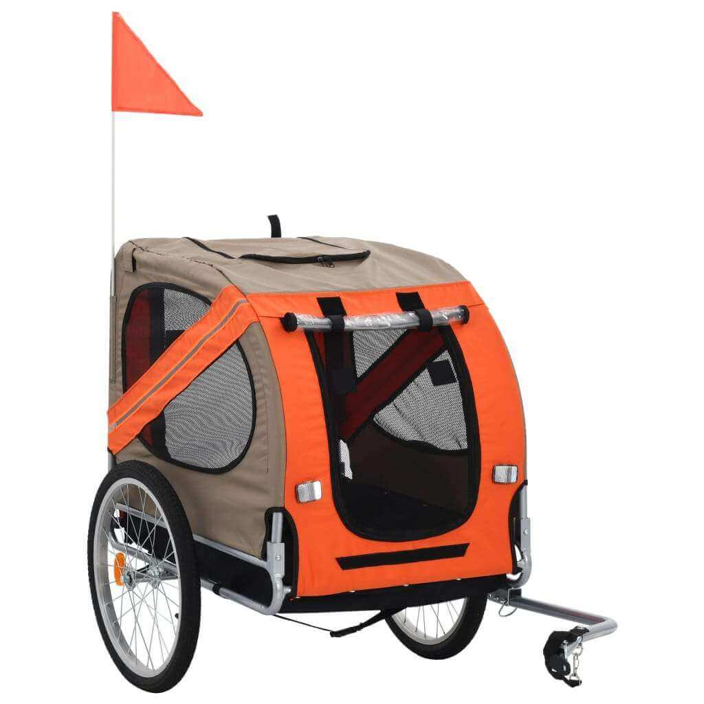 vidaXL dog bike trailer with sturdy frame, orange and red design, and mesh windows for ventilation.