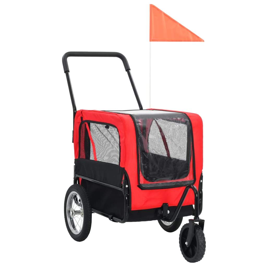 vidaXL 2-in-1 pet bike trailer and jogging stroller in red and gray with mesh windows and safety flag.