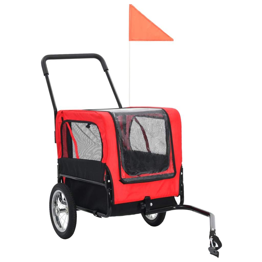 vidaXL 2-in-1 pet bike trailer and jogging stroller in gray and red with mesh windows and safety flag.