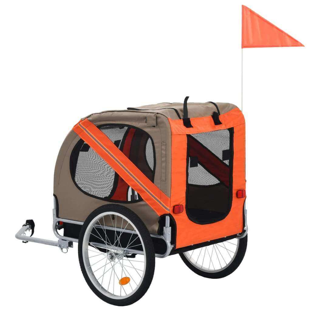 vidaXL dog bike trailer in orange and red, foldable with sturdy design, mesh windows, and safety flag for pet comfort.