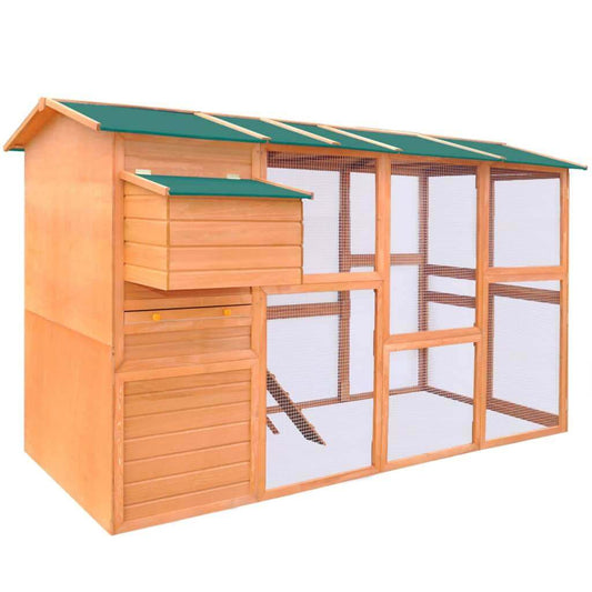 vidaXL spacious wooden chicken coop with sheltered areas, nest box, and iron wire mesh for fresh air.